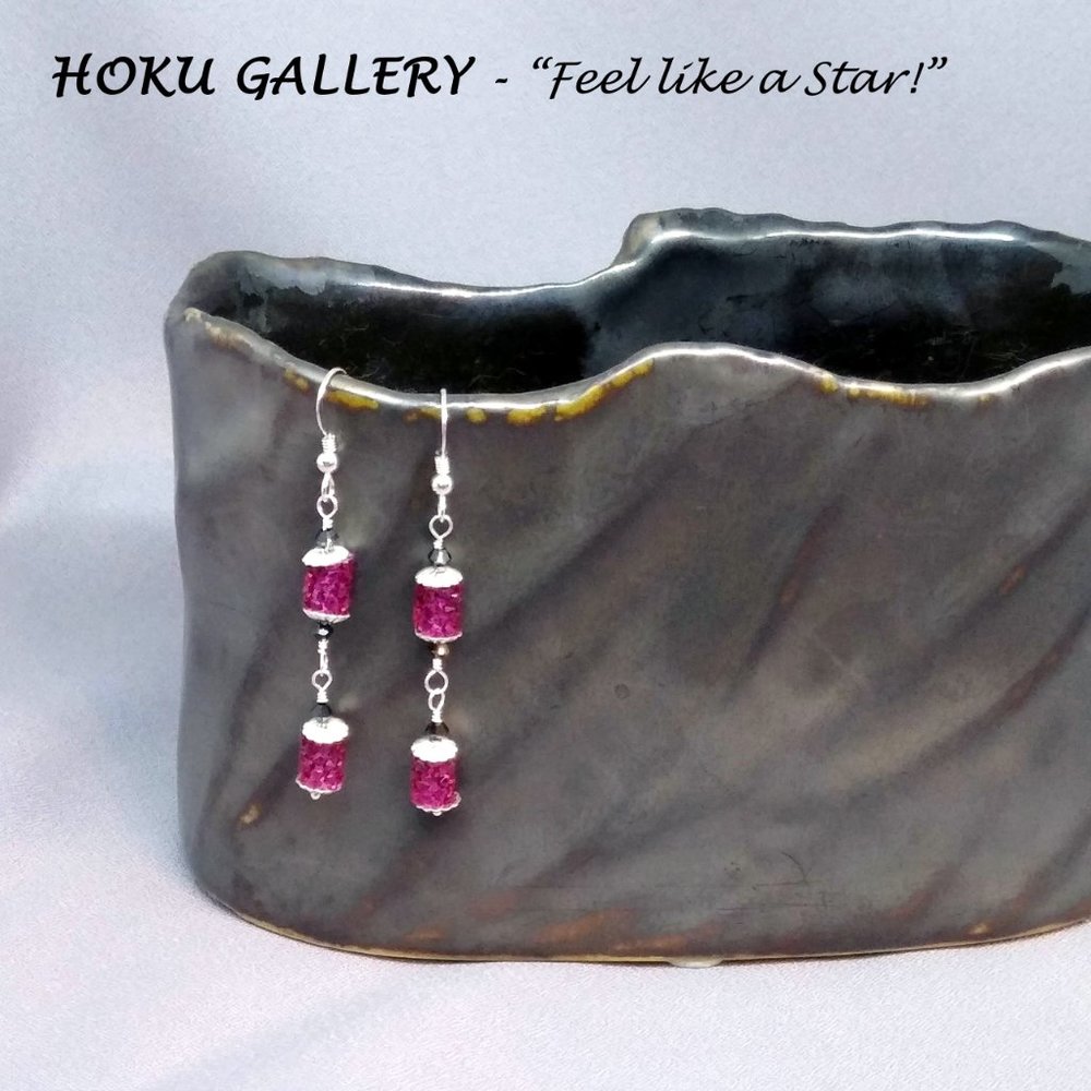 NWOT Fuchsia Swarovski Crystal Fine Rocks Earrings, Handcrafted - 2 1/4" Long